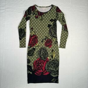 LuLaRoe Olive Green Debbie Metallic Gold Polka Dot Rose Floral Women’s Size XS
